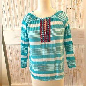 Aqua and white stripe peasant blouse with beaded detailing, Talbots size XS